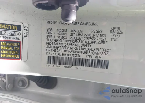 2016 Honda Cr-V Ex z USA, uszkodzony, nr VIN 5J6RM3H51GL028728